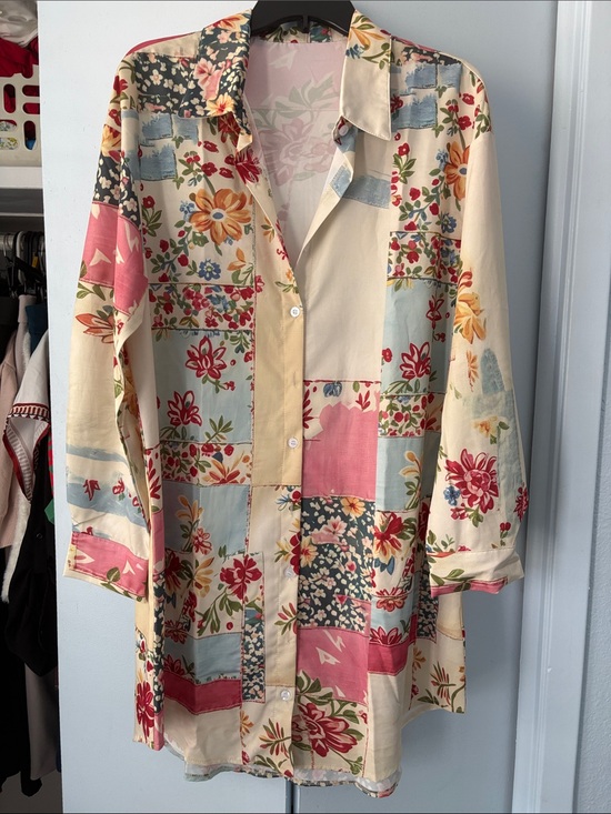 Dresses & Skirts - Floral Patchwork Long Sleeve Shirt - Cream Multi